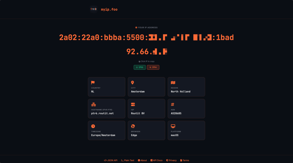 MyIP.foo web interface showing response with IP address, location data, network information, and browser details